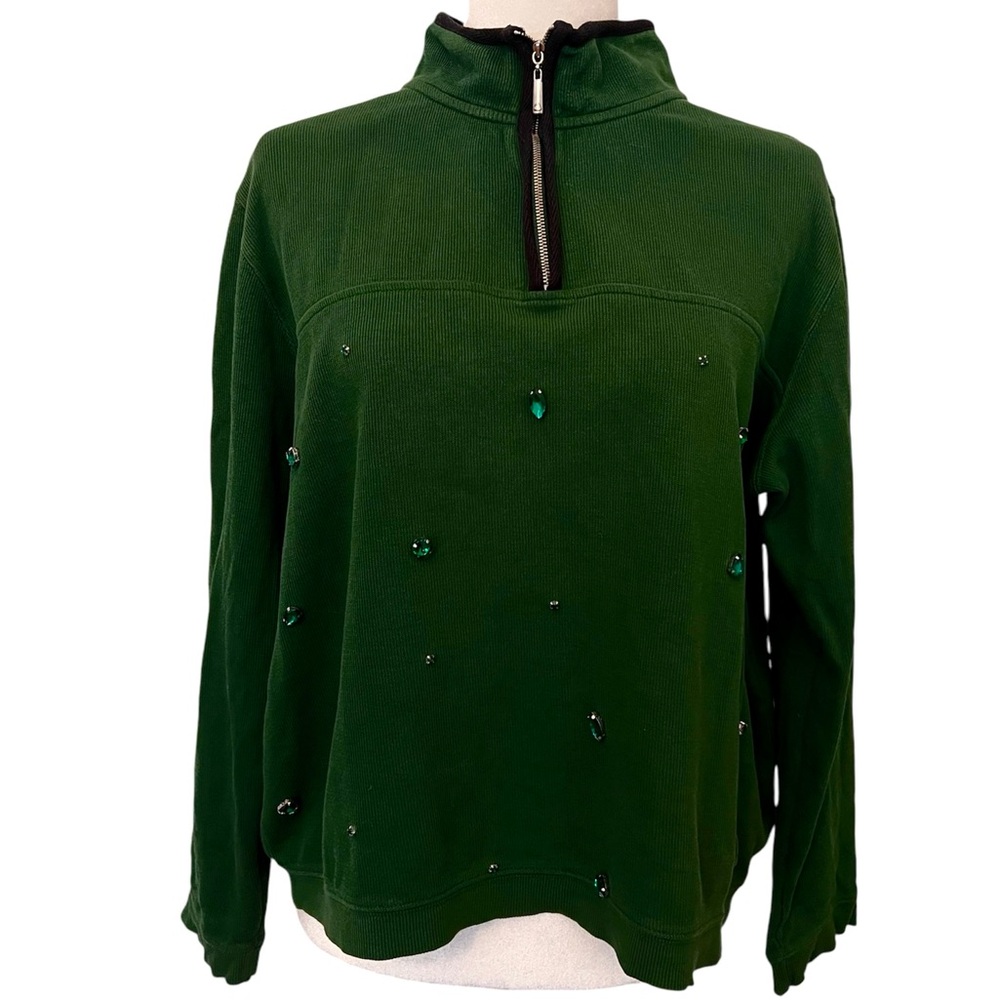 Upcycled with Emerald like Rhinestones Green Sweater 100% Cotton Size L